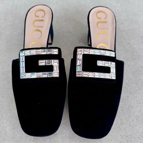 Gucci Madelyn Velvet Crystal Square G Mules Black Block Mid Heel EU 37.5 US 7.5 - Picture 2 of 11